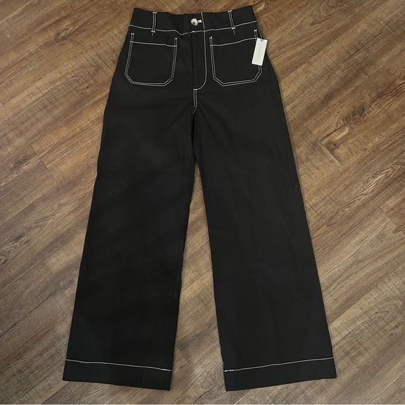 Anthropologie Maeve The Colette Pants Black Contrast Stitch Edition Wide Leg - Picture 3 of 13